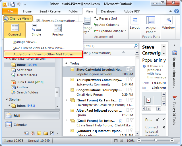 Microsoft Outlook -näkymän muuttaminen