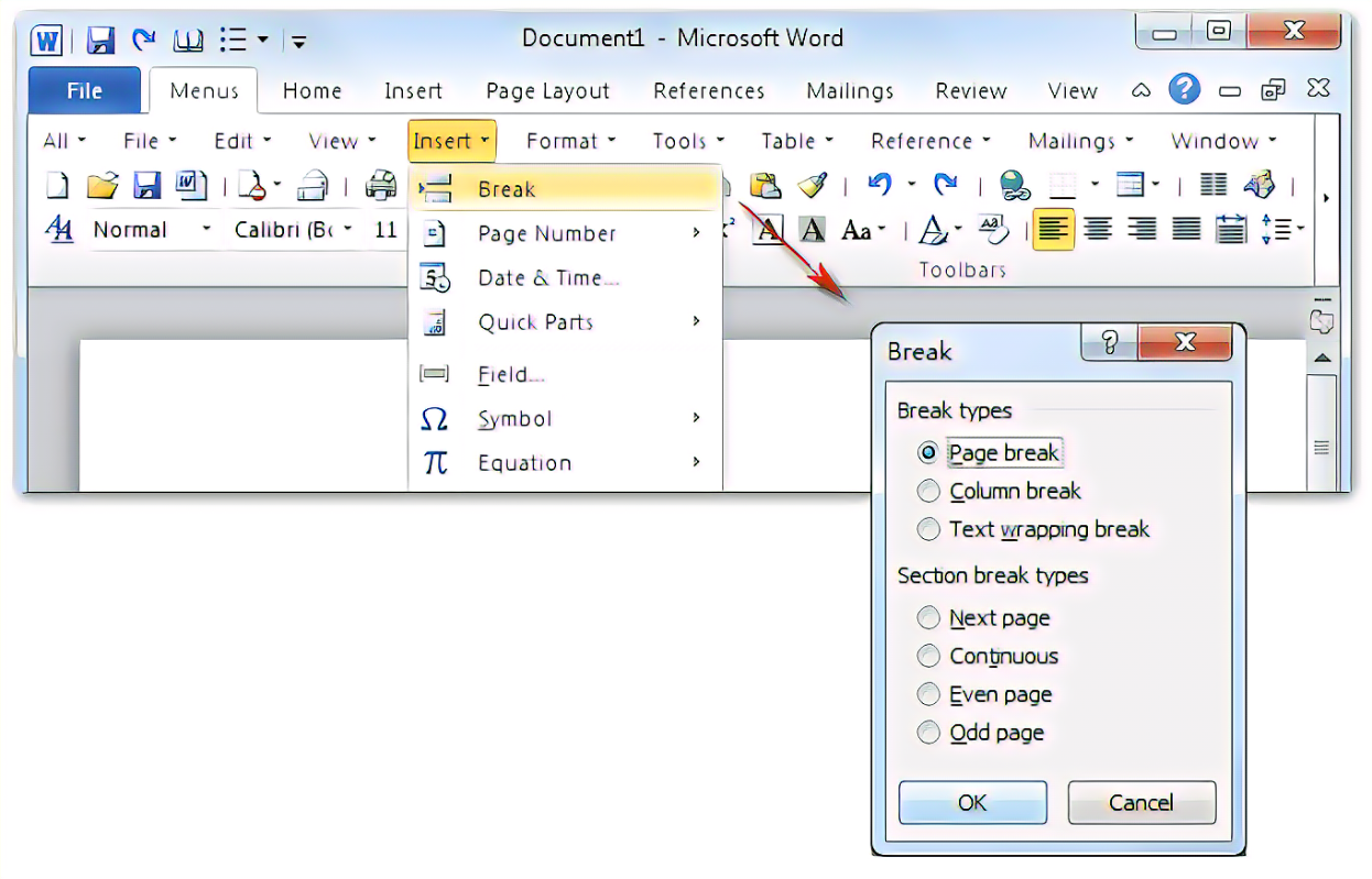 Kā veikt lappuses pārtraukumu programmā Microsoft Word