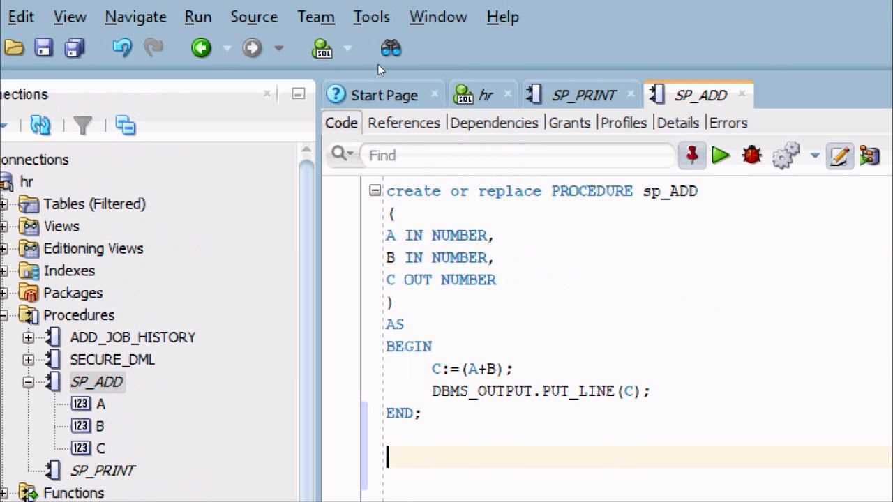Oracle SQL Developer Tool에서 저장 프로시저를 실행하는 방법